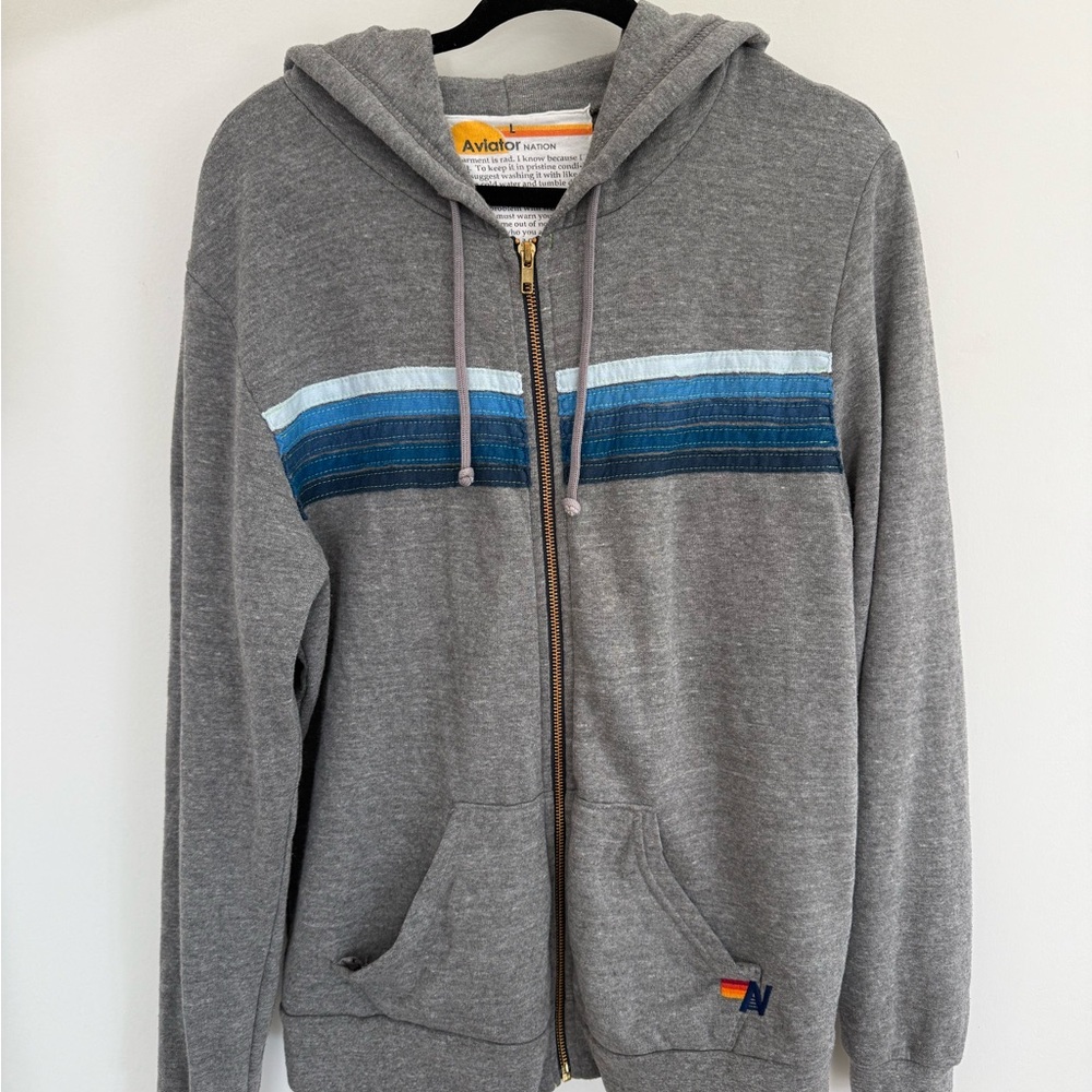 Aviator Nation Gray Zip-Up Hoodie with Blue Stripes